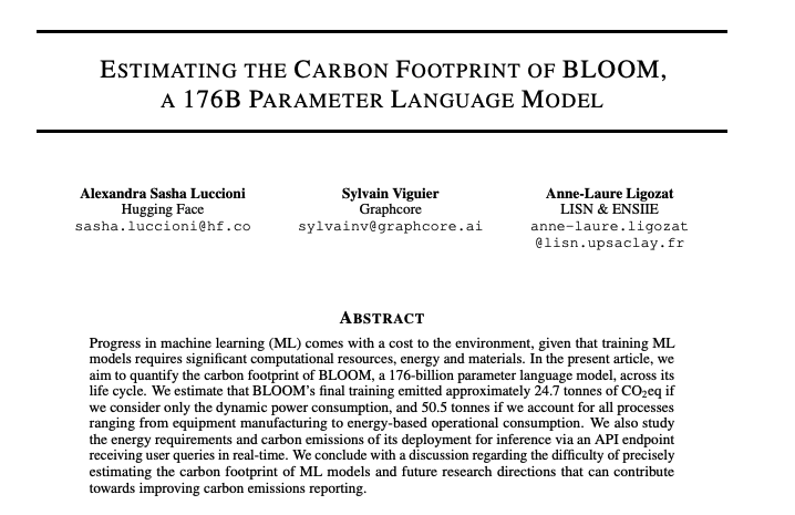 WiMLDS_Paris's tweet image. [#FridayWiMLDSPaper 📜curated by @cazencott] &quot;Estimating the Carbon Footprint of BLOOM, a 176B Parameter Language Model&quot;, great paper written by wonderful contributors like @SashaMTL and linkedin.com/in/anne-laure-… arxiv.org/abs/2211.02001