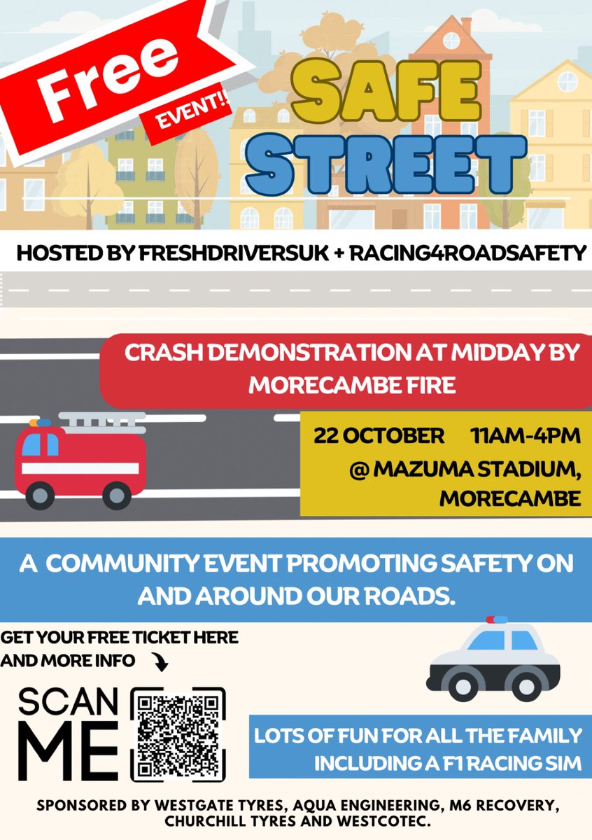 FREE EVENT REMINDER 🚗 🚨 

On Sunday at <a href="/Mazuma/">Mazuma Mobile📲</a> Stadium in Morecambe, LA4 4TB

We are hosting a Road Safety Event with the aim to get people thinking about how they behave on and around our roads! 

11-4pm! 

Are you coming? 🚒🚨🚓

Thread/1