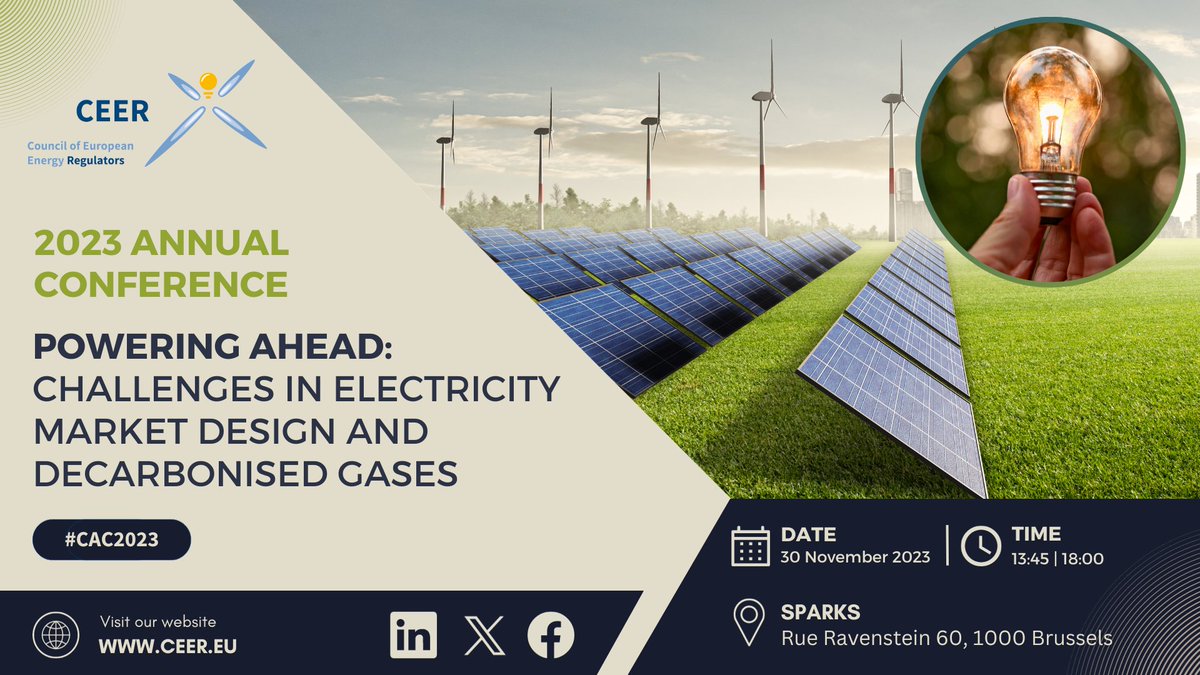 CEERenergy's tweet photo. #CAC2023: Join us for this year's Annual Conference on 30 November, 13:45-18:00 at SPARKS in Brussels!

We'll tackle long-term challenges of #ElectricityMarketDesign &amp; exploring #sustainable, #carbonneutral solutions.

Join in-person or online!
Register:
https://t.co/CU1uuPcMP9 https://t.co/qlXJ2hjBsL
