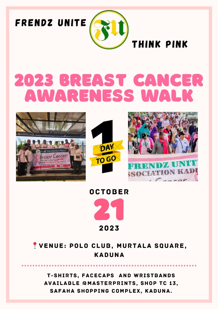 FrendzUnite's tweet photo. One (1)  More Day to Go!!!!  

Buy your T-shirts (5k), Facecaps (2k) and Wristbands (1k) @ 📍MasterPrints, Shop TC 13, Safaha Shopping Complex, Kaduna.

ALL FOR A WORTHY CAUSE.

📌Date: 21st October, 2023

📍Venue: Polo Club, Murtala Square, Kaduna

Time: 7am https://t.co/PBdQEsH8HR