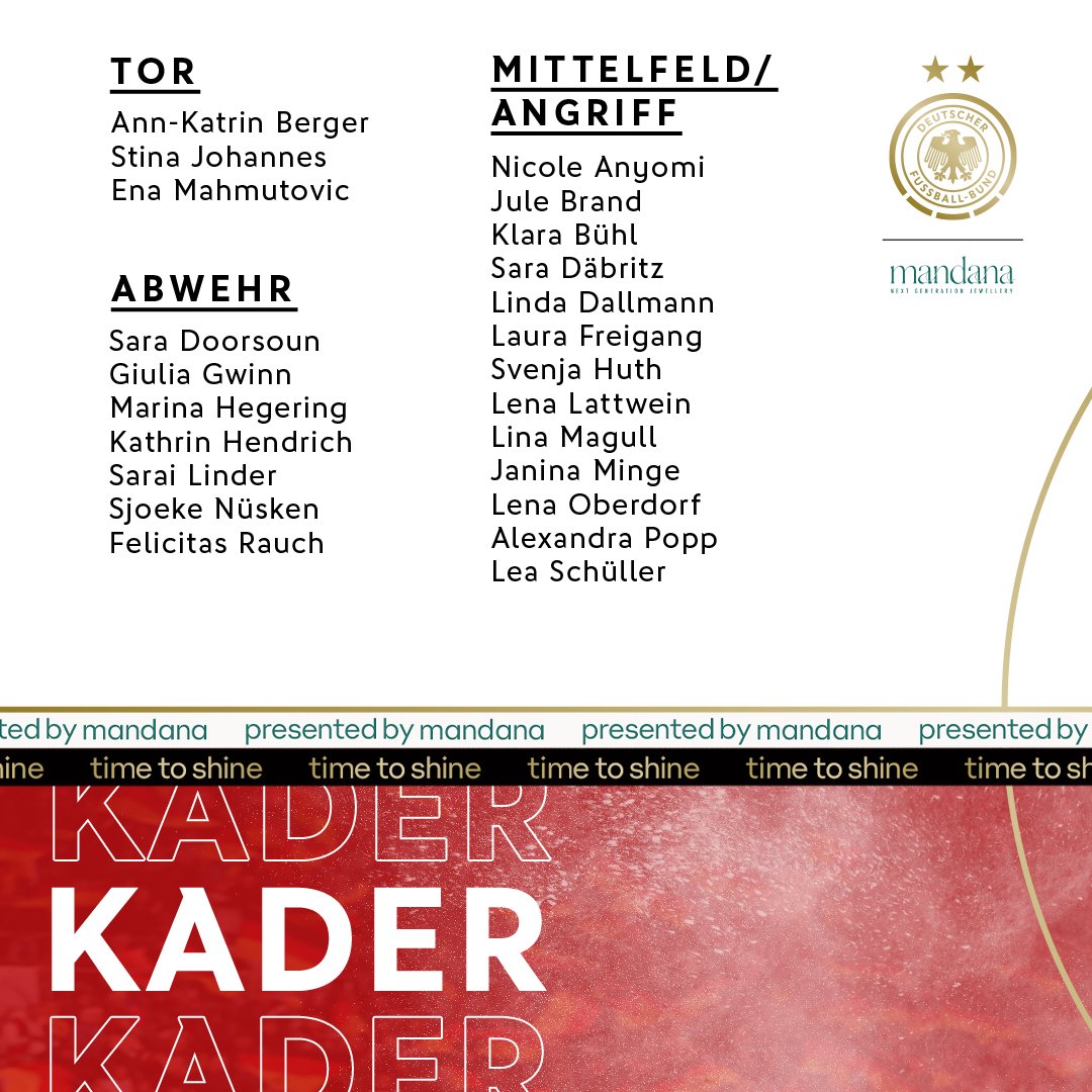 DFB_Frauen's tweet photo. Unser Kader fรผr die Nations League-Spiele gegen ๐ด๓ ง๓ ข๓ ท๓ ฌ๓ ณ๓ ฟ Wales und ๐ฎ๐ธ Island.
WIR #IMTEAM ๐ฉ๐ช #NationsLeague https://t.co/Qsa7oUA6Ej