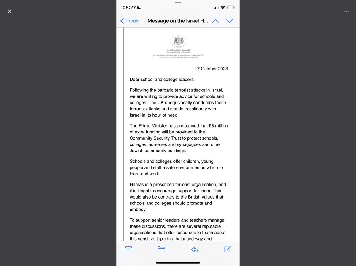 The Department of Education letter refuses to recognise the pain of Muslim communities with the Gaza seige - although rightly recognising the pain of Jewish communities 

 It doesn’t even contain the word Palestinian 

 This is education the British Values way - causing division