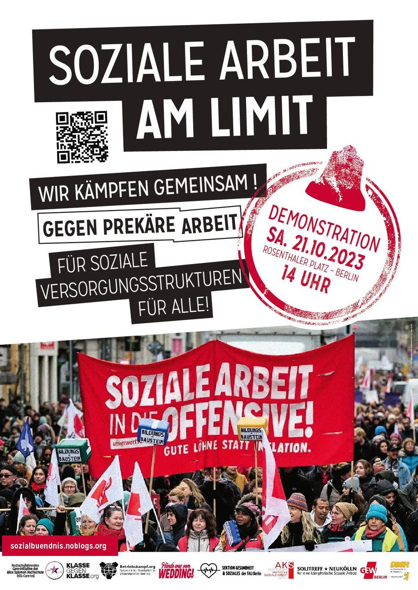 🔥„Soziale Arbeit am Limit“ – Wir kämpfen gemeinsam!🔥

21.10.2023 | 14:00 Uhr | Volkspark am Weinbergsweg, Brunnenstraße/Veteranenstraße 10119 Berlin

Anreise: Tram 12, M2, M8 Brunnenstraße/Invalidenstraße | U8, Bus 142, Tram M1 Rosenthaler Platz

#b2110 #SozialeArbeitAmLimit