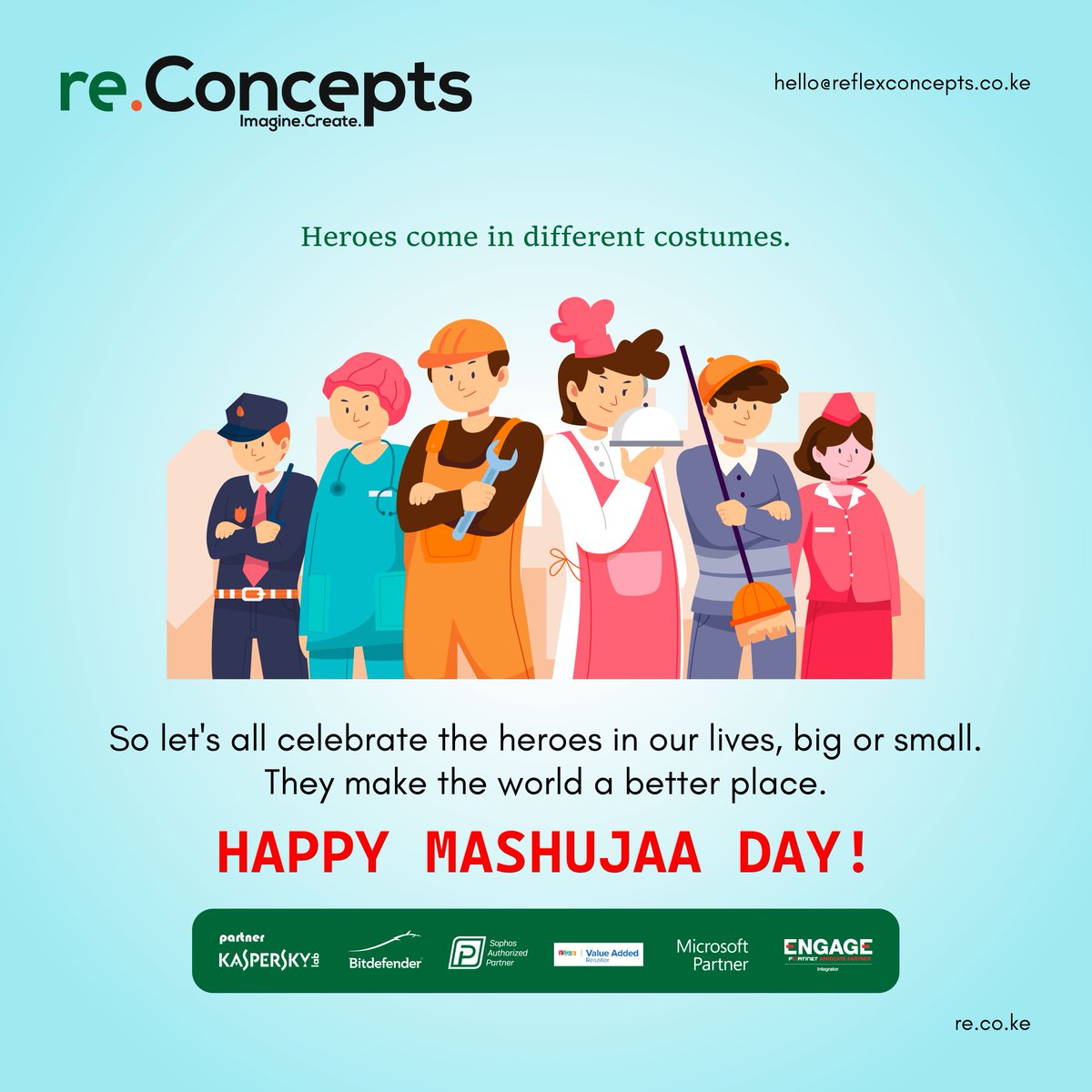 ReConcepts_KE's tweet photo. Heroes don't wear capes. They are the people who make a difference in our lives. They are the teachers who inspire us, the doctors who heal us, and the firefighters who save us. We honour their sacrifices and contributions. HAPPY MASHUJAA DAY! #MashujaaDay2023
#Kenya #reconcepts https://t.co/VmDWJ4fxex