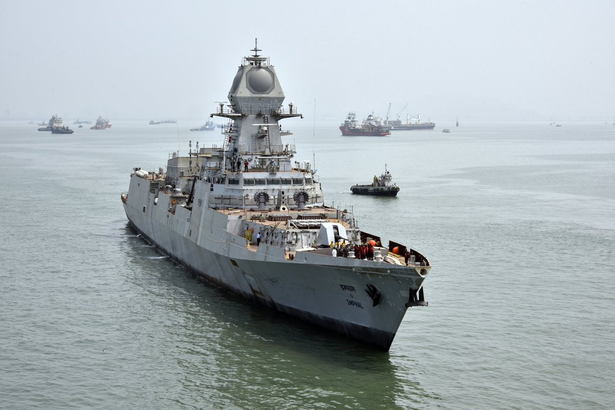RAFIndia_'s tweet photo. 📍Mumbai,India 

IMPHAL,the 3rd ship of P15B Class Guided Missile Destroyer, indigenously built by Mazagon Dock Shipbuilders Ltd. delivered to the Indian Navy today ahead of schedule. https://t.co/JWTHe7aCTf
