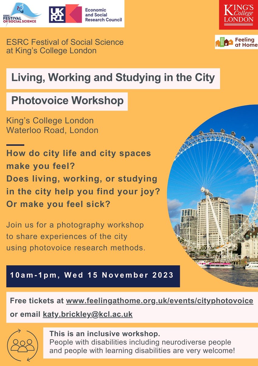 Join us for our free and fun workshop on Weds 15 Nov in Waterloo, London. We will use #photovoice to explore our lives in the city... More info here: feelingathome.org.uk/events/citypho… @SouthwarkColl @craetiveartssc @cosouthwark