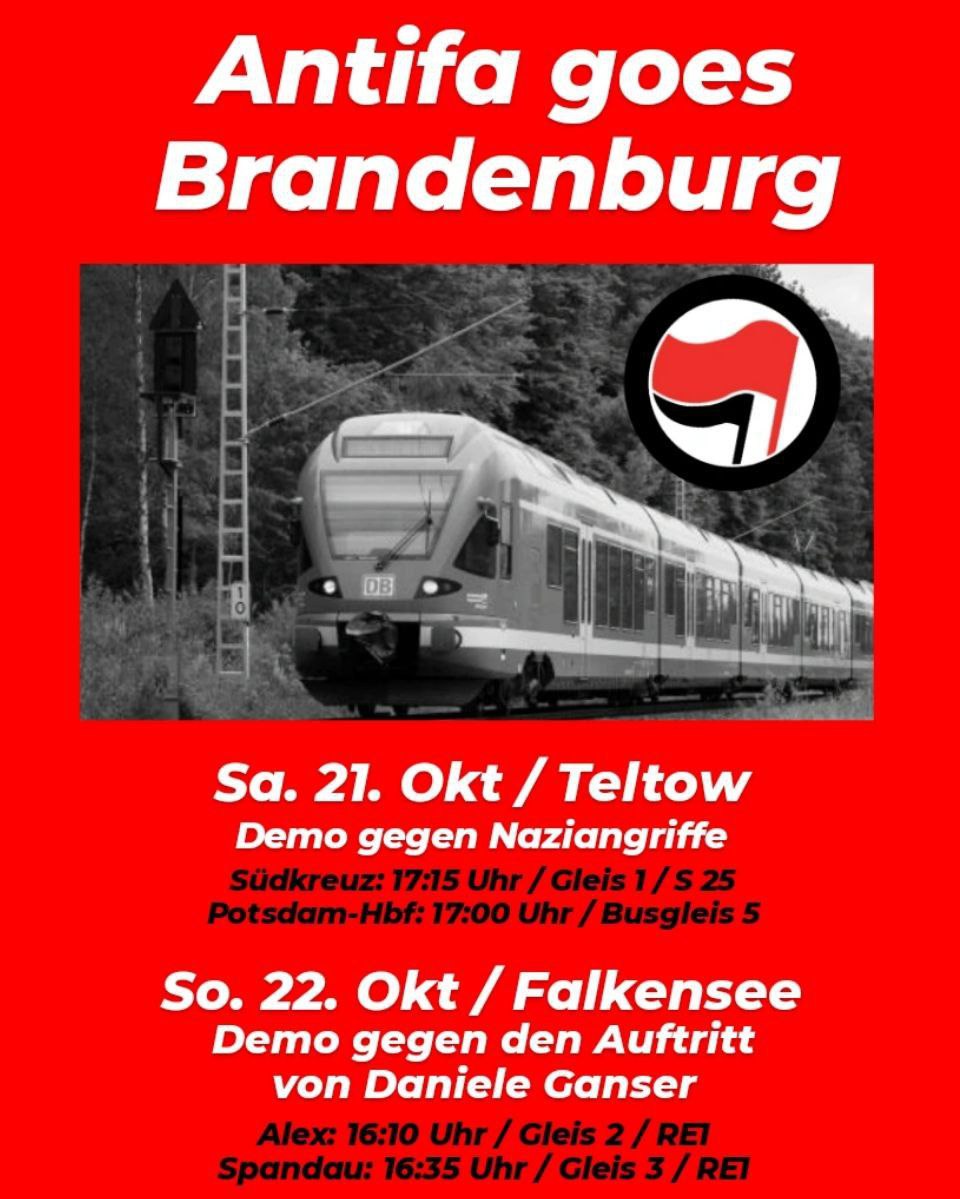 🔥KEINE HOMEZONE FÜR NAZIS! RECHTE STRUKTUREN ZERSCHLAGEN!🔥

Samstag, 21.10.2023 | 18:00 Uhr | S-BHf Teltow Stadt, 14513 Teltow

Anreise: S25, S26, Bus 600, 601, 625, 704, X1 BHf Teltow Stadt | Bus 620, 621, 626,  X10 S Teltow Stadt/Gonfrevillestraße

#b2110 #pm2110 #noNazis