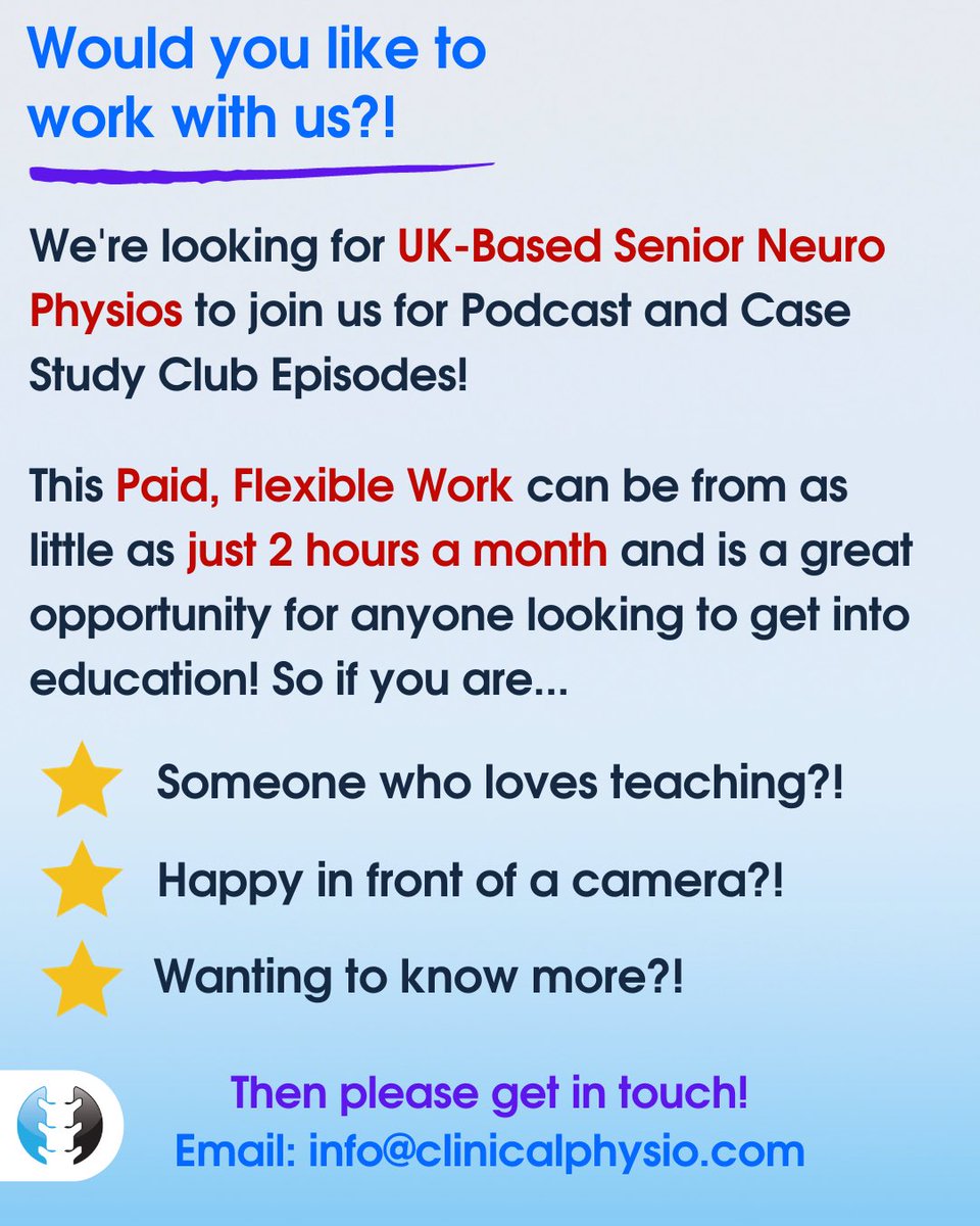 Clinical Physio (@clinicalphysio) on Twitter photo ARE YOU…
⭐️ A NEURO PHYSIO…
⭐️ WHO LOVES TEACHING…
⭐️ AND WOULD LIKE TO JOIN OUR TEAM?!
💥 If so, whether you want more details or an informal chat, please get in touch ➡️ info@clinicalphysio.com
❤️PLEASE RETWEET! THANK YOU!❤️ ARE YOU…
⭐️ A NEURO PHYSIO…
⭐️ WHO LOVES TEACHING…
⭐️ AND WOULD LIKE TO JOIN OUR TEAM?!
💥 If so, whether you want more details or an informal chat, please get in touch ➡️ info@clinicalphysio.com
❤️PLEASE RETWEET! THANK YOU!❤️