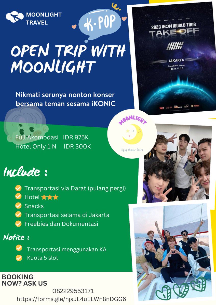 moonlightkpops's tweet photo. ✨Annyeonghaseyooo✨

Open Trip 2023 iKON TAKE OFF JAKARTA with Moonlight Travel 🚃 
SUDAH DIBUKA ‼️

Yuk iKONIC daerah Surabaya/Sidoarjo bisa banget berangkat bareng kita🤩

booking slot kamu di
📍 https://t.co/9R1CQjva9N

#iKONTAKEOFFJKT #moonlighttour https://t.co/VXycm9uOHc