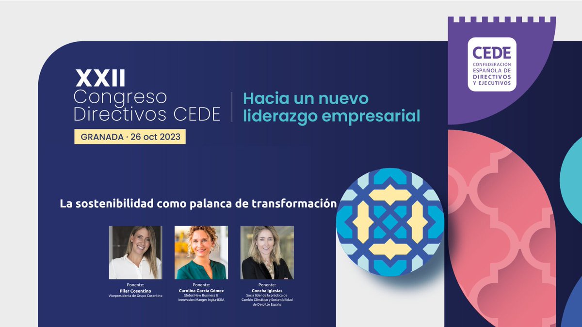 #Programa | Seguiremos la jornada con "La sostenibilidad como palanca de transformación", con Pilar Cosentino, vicepresidenta <a href="/GrupoCosentino/">Cosentino</a>; <a href="/Carolgg7/">Carolina Garcia Gomez</a>, Global New Business &amp; Innovation Manager <a href="/IKEA/">IKEA</a> y <a href="/coiglesias1/">Concha Iglesias Jiménez</a>, Sustainability &amp; Climate Leader en <a href="/Deloitte_ES/">Deloitte España</a>. #CongresoCEDE