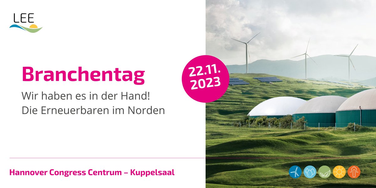 Am 22. November findet unser LEE-Branchentag Erneuerbare Energien in Hannover statt. Wo geht die energiepolitische Reise hin? Darüber diskutieren wir u.a. mit Susanne Hyldelund, Botschafterin Dänemarks, und dem Nds. Umweltminister Christian Meyer.

bit.ly/48ZfwE4