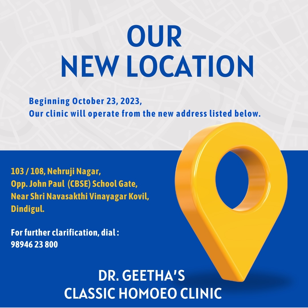 Our clinic will have a new location from October 23, 2023.

#drgeethas_classic_homoeo_clinic #drgeethashomeo #homeoclinic #homeopathy