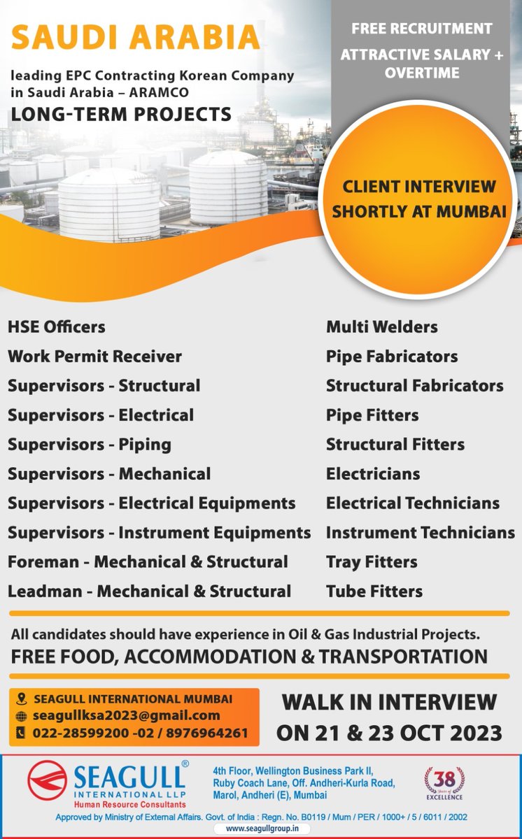 hrd1_seagull's tweet photo. 🇸🇦Saudi Arabia Jobs
‼️Free Recruitment
✔️Long Term Project
📍Client Interview Shortly In Mumbai
🗓️Walk In Interview On 21st & 23rd October 2023
.
.
.
#saudiarabiajobs #seagull #mumbaijobs #hseofficer #workpermitreceiver #pipingsupervisors #multiwelders #pipefabricators https://t.co/PAAO97YUe4