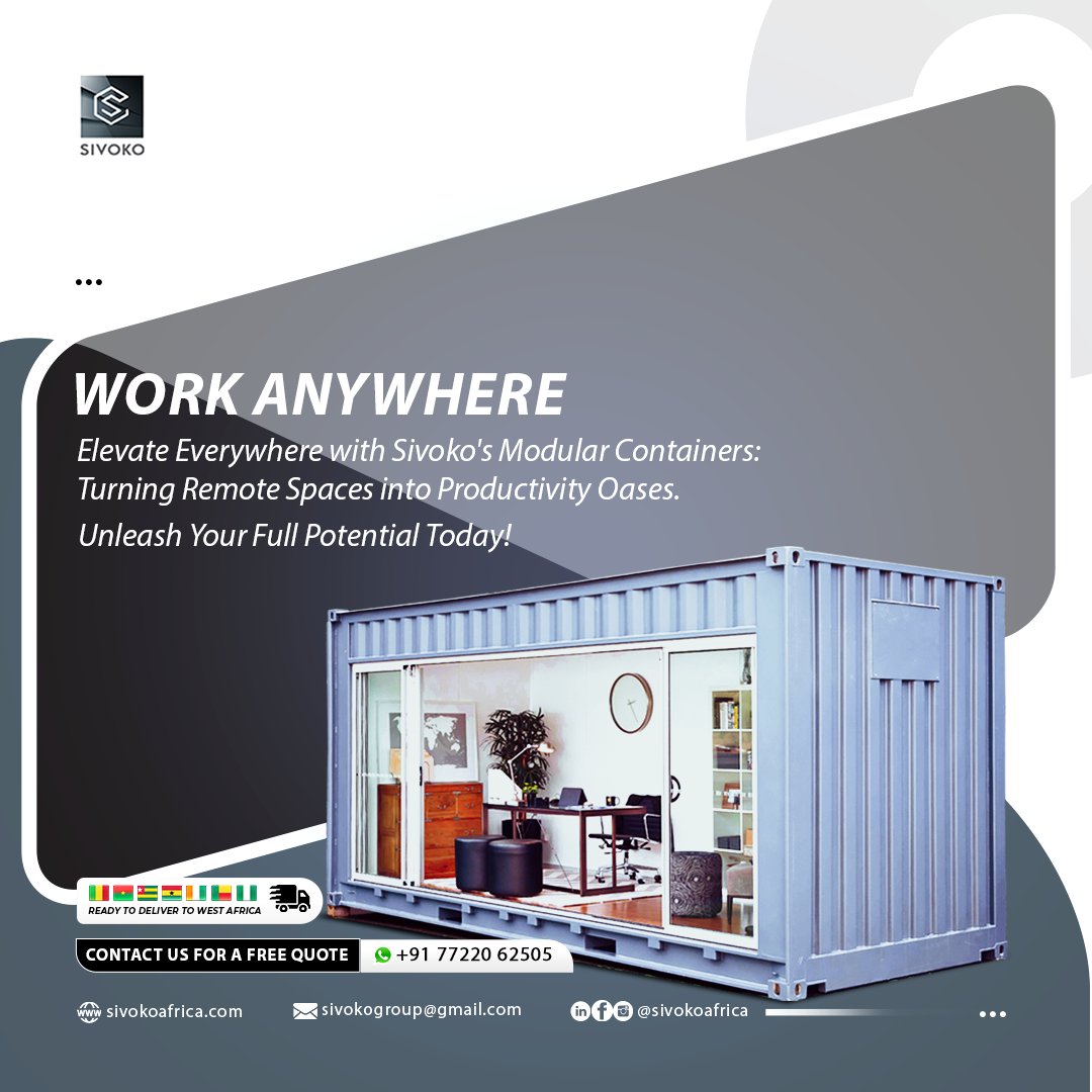 sivokoafrica's tweet image. 🌐 Work anywhere!

Discover Sivoko's Modular Containers for remote space optimization.

Contact us for a FREE quote today. 💼🌟

#remoteworkspaces #sivokosolutions #sivokoafrica