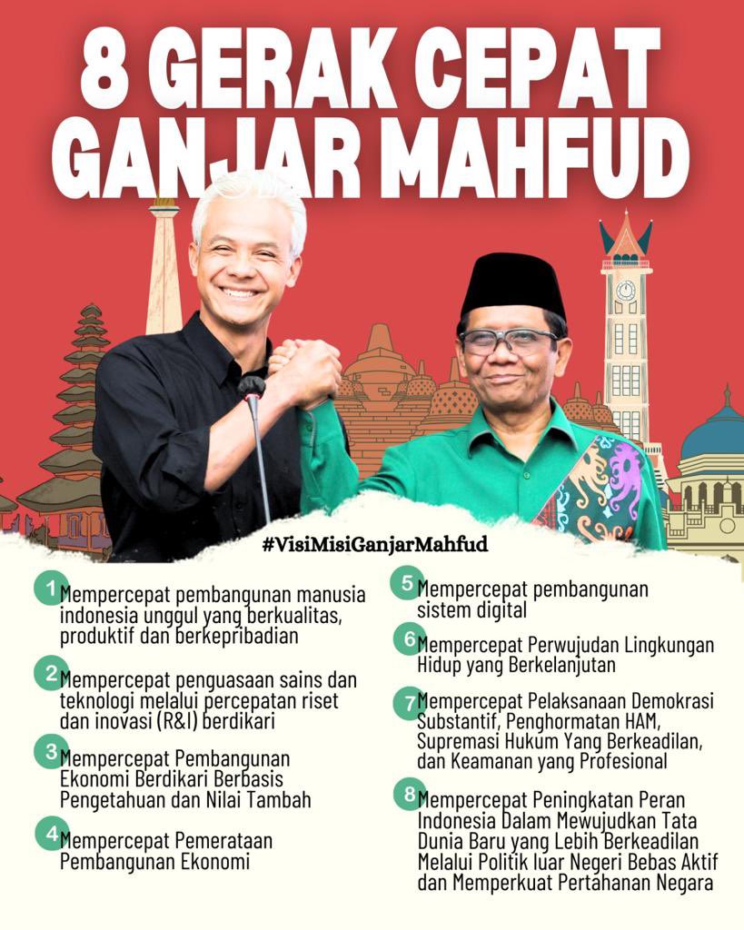 Sudah baca visi dan misinya bacapres <a href="/ganjarpranowo/">Ganjar Pranowo</a> dan bacawapres <a href="/mohmahfudmd/">Mahfud MD</a> ? Gercep langsung sat-set nih, ga kayak yg lain, Ganjar Mahfud memang mewujudkan langkahnya yg sat-set untuk membangun negara, karena inilah bukti keseriusan keduanya dalam melayani rakyat sebagai