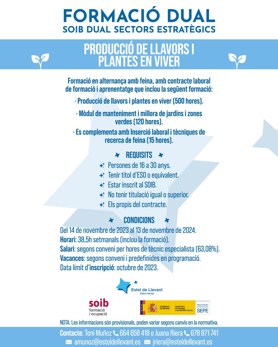 EstelDeLlevant's tweet photo. 📣 Nova #FormacióDual #SOIBDual #SectorsEstratègics en producció de llavors i plantes en viver
🌱 Formació combinada amb feina adaptades a les necessitats de persones amb trastorn de #SalutMental
✍️👉 https://t.co/osIneeaMS7
Amb el suport de @SOIBgoib i @empleo_SEPE https://t.co/6WTn3IiHP6