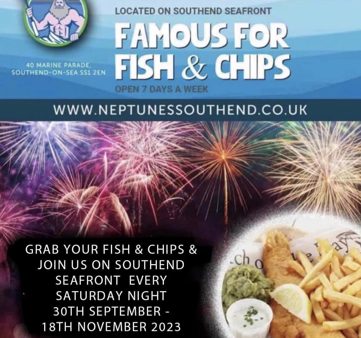 WSSCreative's tweet image. Wrap up warm, round up your friends and family and head on down to the seafront every Saturday night from Saturday 30th September to 18th November 2023.

#southendseafront #southendonsea #visitsouthend #fishandchips #southendfood
@essex_food @VisitSouthend @LoveSouthendUK
