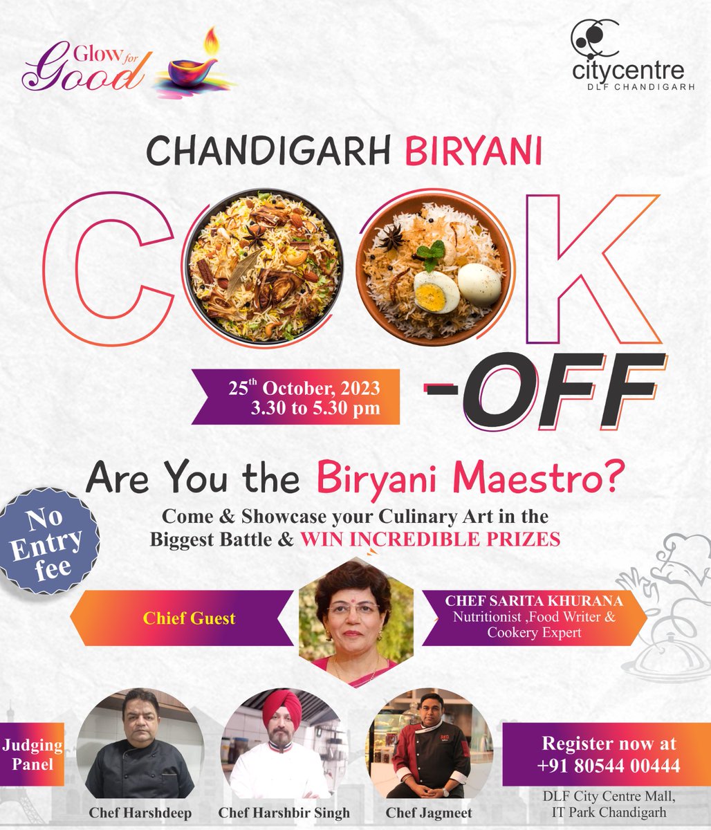 🌟 Join the Great #ChandigarhBiryani Cook-Off! 🌟 It's time to showcase your skills and compete for exciting gifts and goodies in the #ChandigarhBiryani Cook-Off! Join us on 25th October 2023, 3:30 pm to 5:30 pm at #DLFCitycentreMall, IT Park , Biryani cook-off competition!