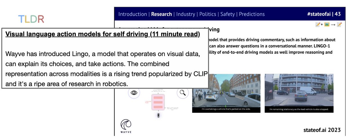 Our work on LINGO got featured in TLDR newsletter! They are not paying me, I'm not paying them, but it's the single newsletter I read tldr.tech.
and check out the State of AI report stateof.ai we are on the 43th slide! 
#LLM #AutonomousDriving  #VLM #AI