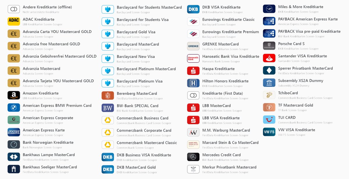 Inzwischen haben sich doch einige Kreditkarten-Screen-Scraper in Banking4 angesammelt.