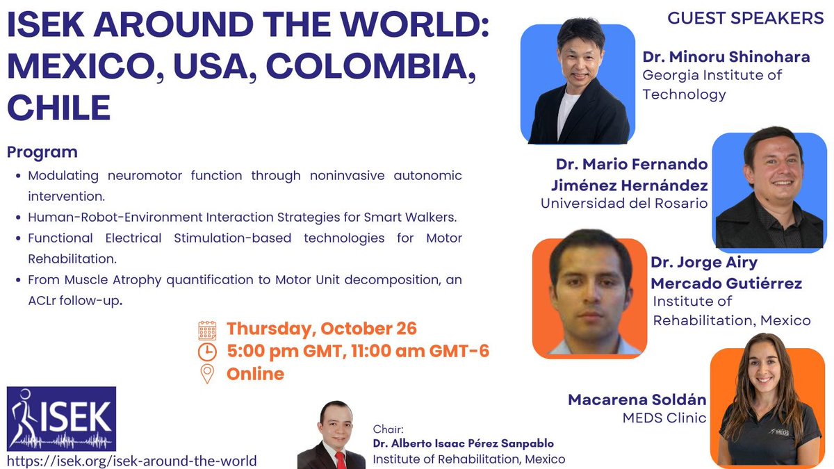 Are you interested in #Neuromuscular or #HumanMovement?

Next Thursday we will host a free worldwide event to showcase work from researchers at various career stages
🇯🇵🇦🇺🇮🇪🇿🇦🇩🇪🇳🇱🇨🇦🇺🇸🇧🇷🇲🇽🇨🇴🇨🇱

Secure your spot: isek.org/isek-around-th…

🧵Thread below: sneak peek of each talk 🕵️