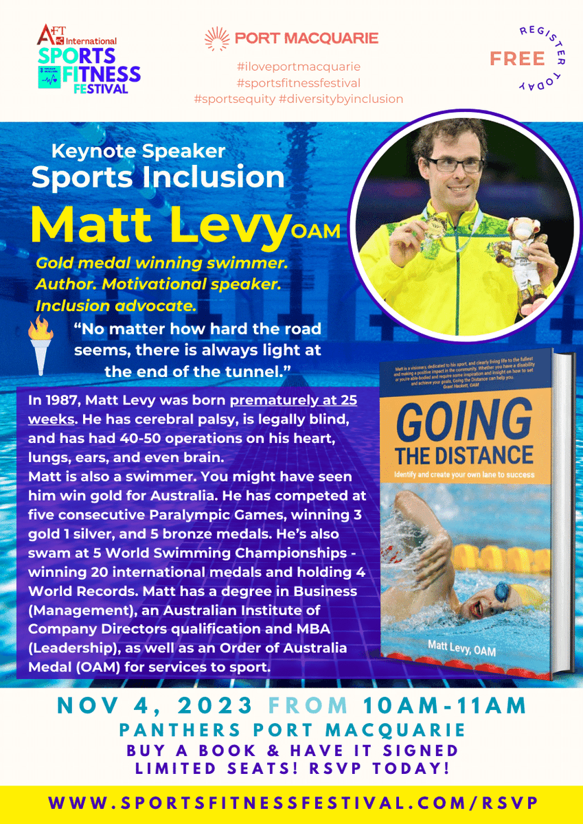 move8movement's tweet photo. AFT International Sports Fitness Festival at Port Macquarie NSW Australia @PMQTourism ft. gold medal winning swimmer, motivational speaker &amp; inclusion advocate as Keynote Speaker - Sports Inclusion MATT LEVY oam

#sportsfitnessfestival #move8 #move8walkahunt #move8portmacquarie https://t.co/tDSKagdvge