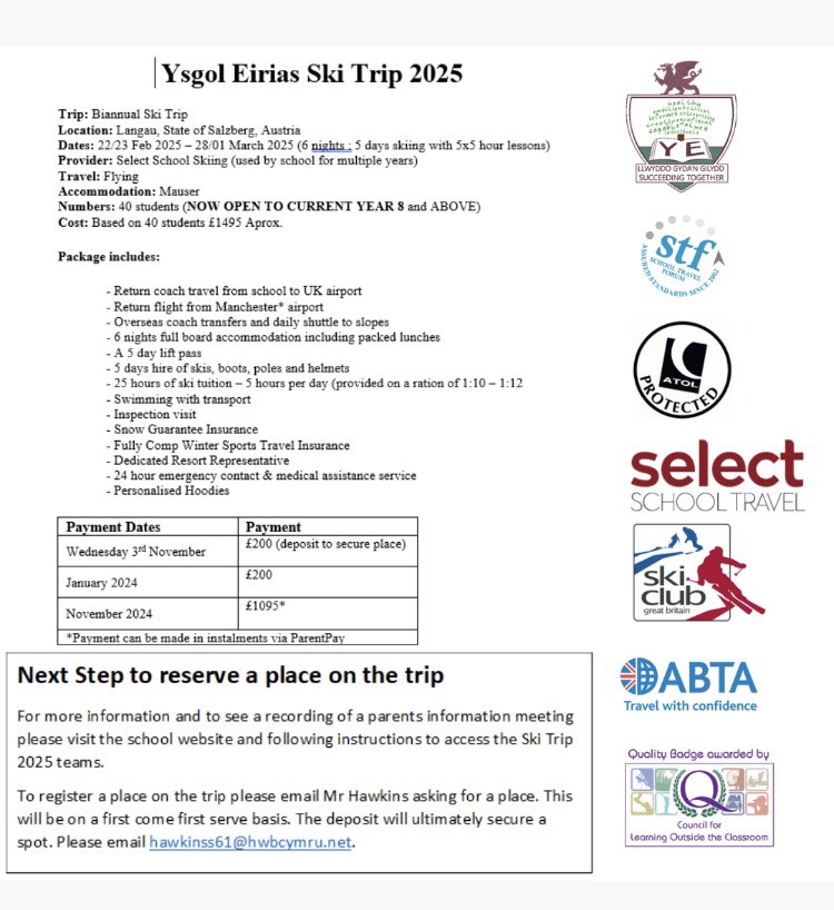 The <a href="/Eirias/">Ysgol Eirias</a> 2025 ski trip is now live. Please see attached details on how learners can secure their place 🎿⛷️