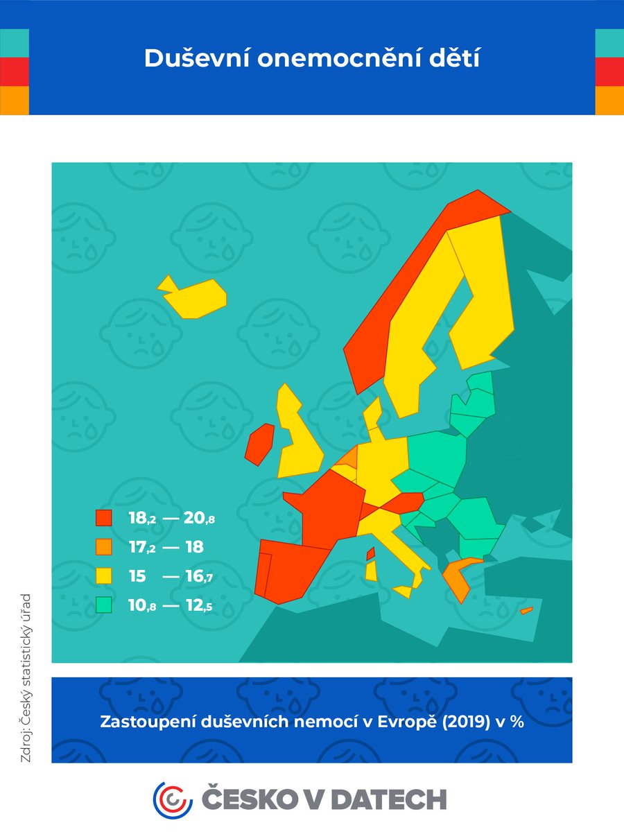 cesko_v_datech's tweet photo. Duševními onemocněními trpí v ČR 11 % dětí 🧠 Nízké zastoupení onemocnění mají i další země  bývalého SSSR, kde duševnímu zdraví nikdy nebyla věnovaná velká pozornost. S T-Mobile, Nevypusť duši a G82 jsme zkoumali, jak děti vnímají vlastní duševní pohodu. https://t.co/T6kTQTTU14 https://t.co/fbKD4R5Vmm