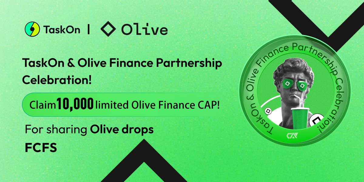 0xOlive's tweet photo. Adventure's callin'! You in?

Big vibes only! @taskonxyz  x @0xOlive collab = EPIC rewards for y'all! 🌌

Slide in for that exclusive Olive Finance #CAP #NFT drop! 🎁
Only 10k up for grabs! #FCFS 
Oct 20th - 31st, 2023 UTC 🗓️

Sleep on it &amp; regret later. Dive in now👇 https://t.co/PdwTY4iyTb