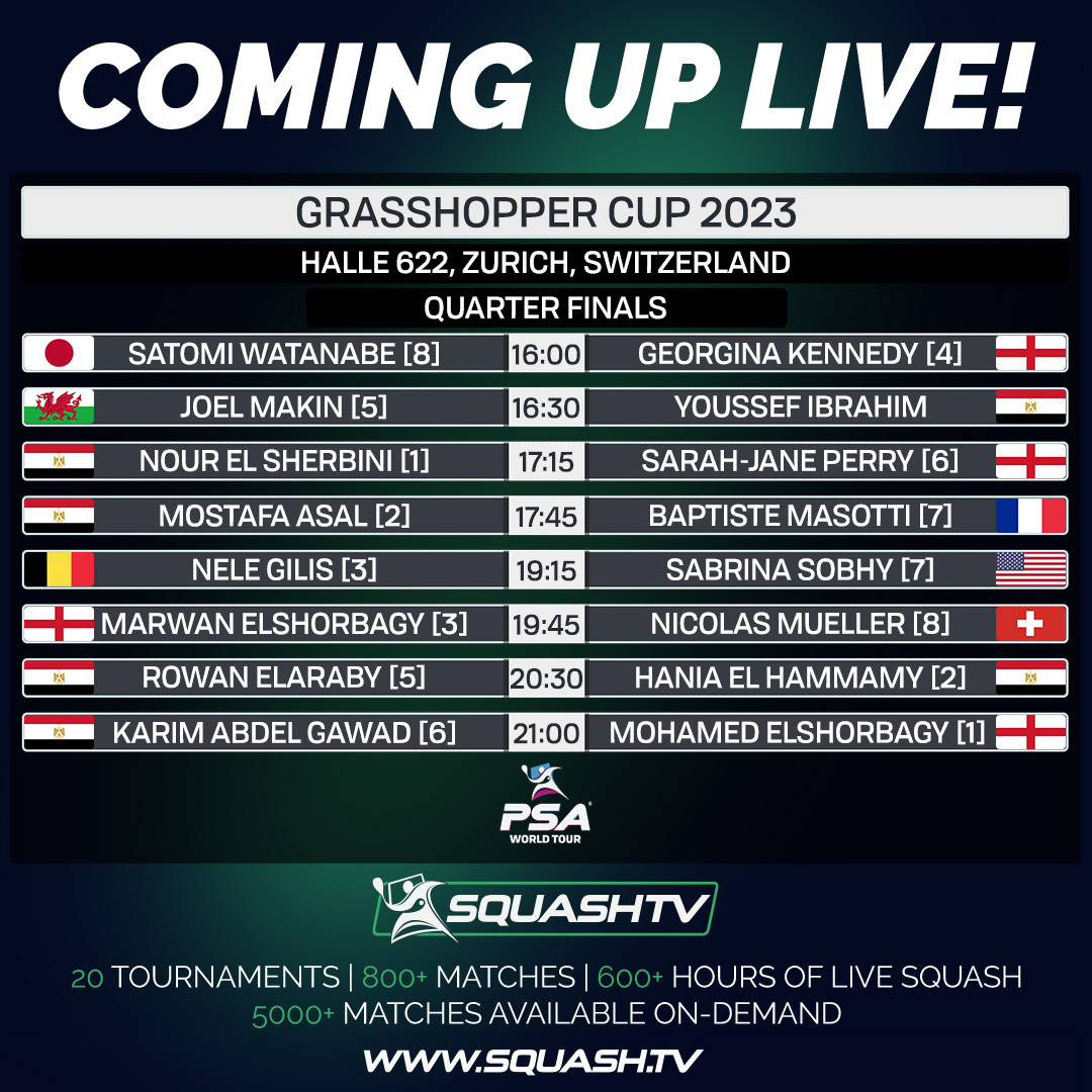 PSASquashTour's tweet photo. It's quarter finals day in Zurich 🇨🇭🤩

8️⃣ stunning matches will take place at Halle 622 today as players look to reach the #GrasshopperCup semi-finals 👀

⏰ 16:00 (GMT+2)
📺 @SquashTV

Click the image 👇 for more