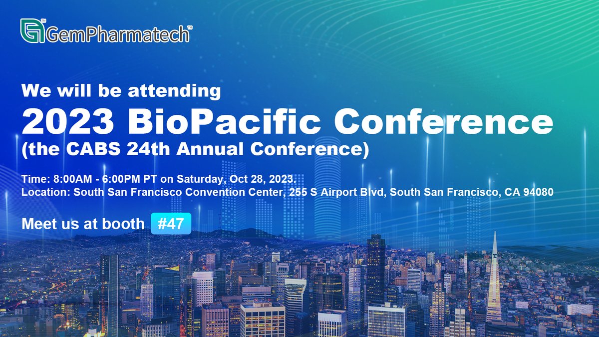 #GemPharmatech will be attending the 2023 BioPacific Conference, also known as the #CABS (Chinese American #Biopharmaceutical Society) 24ᵗʰ Annual Conference, on October 28ᵗʰ, 2023! Come and connect with us at 𝐛𝐨𝐨𝐭𝐡 #𝟒𝟕! 
We look forward to seeing you!
 
#CABS2023 #Bio