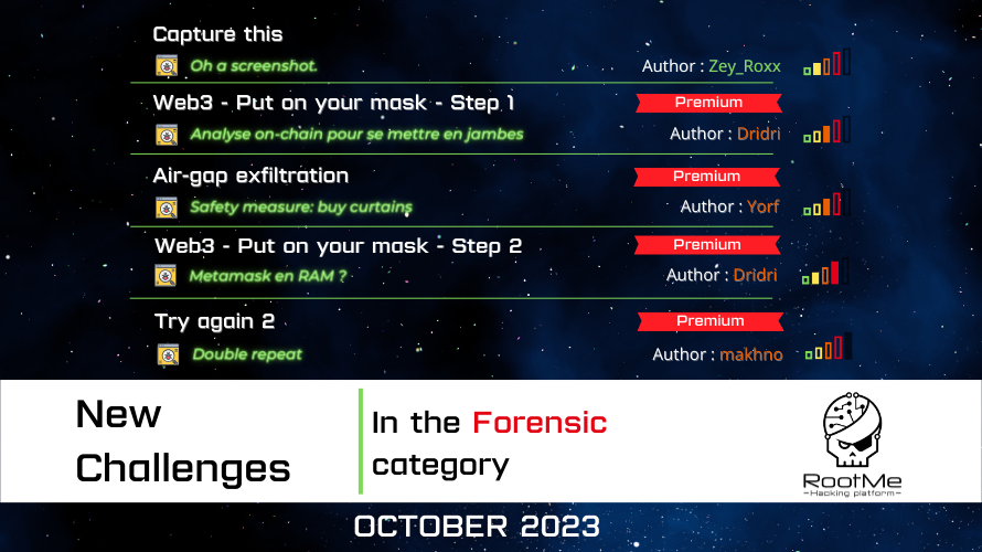 rootme_org's tweet photo. Our contributors have struck again!! 5 new Forensic challenges are now available on the #RootMe and Root-Me Pro environments:https://t.co/6FDj67GAxd
 
Many thanks to the authors: #Yorf, @Zey_Roxx  , @m4khno_ , #Dridri 👏 !
Enjoy ! https://t.co/dEViGZTJEA