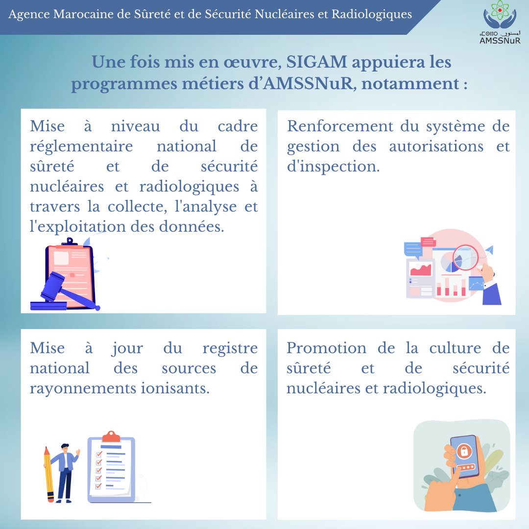 AMSSNuR's tweet image. SIGAM vise à améliorer continuellement les procédures d’échange entre AMSSNuR et les demandeurs d’autorisations et à simplifier les procédures afin de rendre l’ensemble des opérations d’AMSSNuR totalement dématérialisées.

#AMSSNuR #SIGAM #Digitalisation