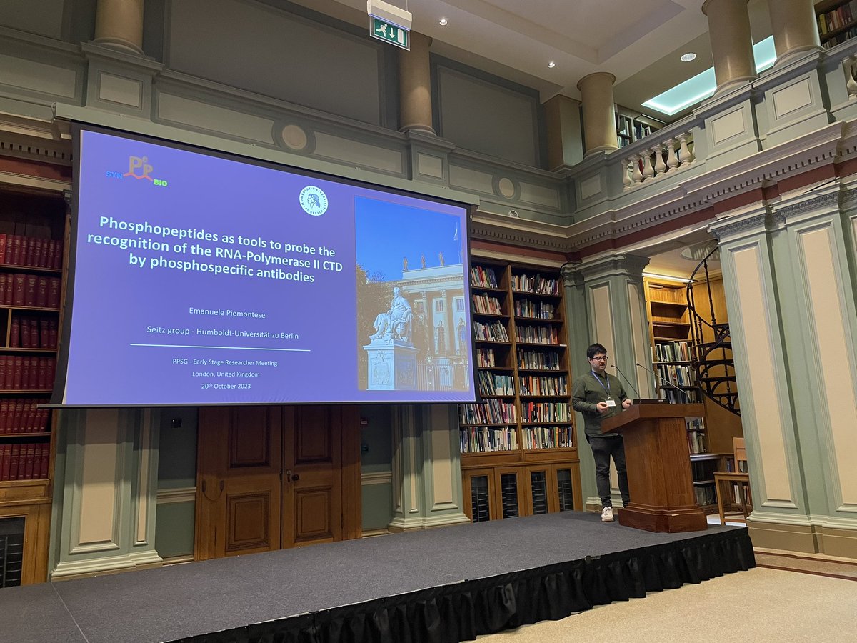 RSC_PPSG's tweet photo. Our next speaker is Emanuele Piemontese from Humboldt Universitat zu Berlin, talking about phosphopeptides to probe the RNA- Polymerase II C-terminal domain. #PPSG2023 https://t.co/zoN9xIhqm4