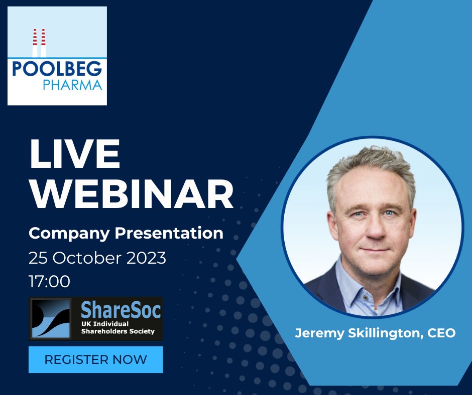 PoolbegPharma's tweet photo. A reminder that our CEO will be presenting at a @ShareSocUK #webinar on 25 Oct at 5pm.
Join us to learn more about #POLB and our latest updates.
Register:
https://t.co/GVZ0Em39KT
#POLBF https://t.co/EJz2gSFYxM