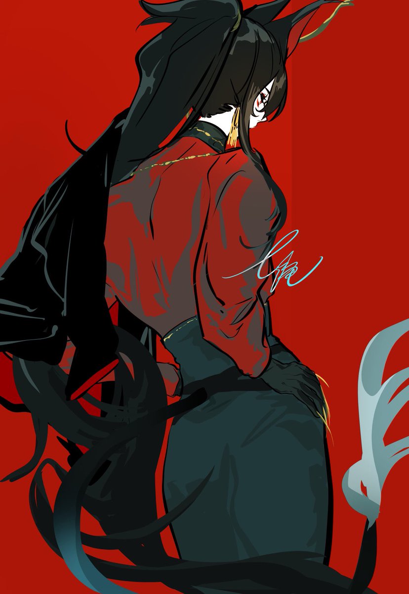 red background long hair solo black hair red eyes ponytail from behind  illustration images