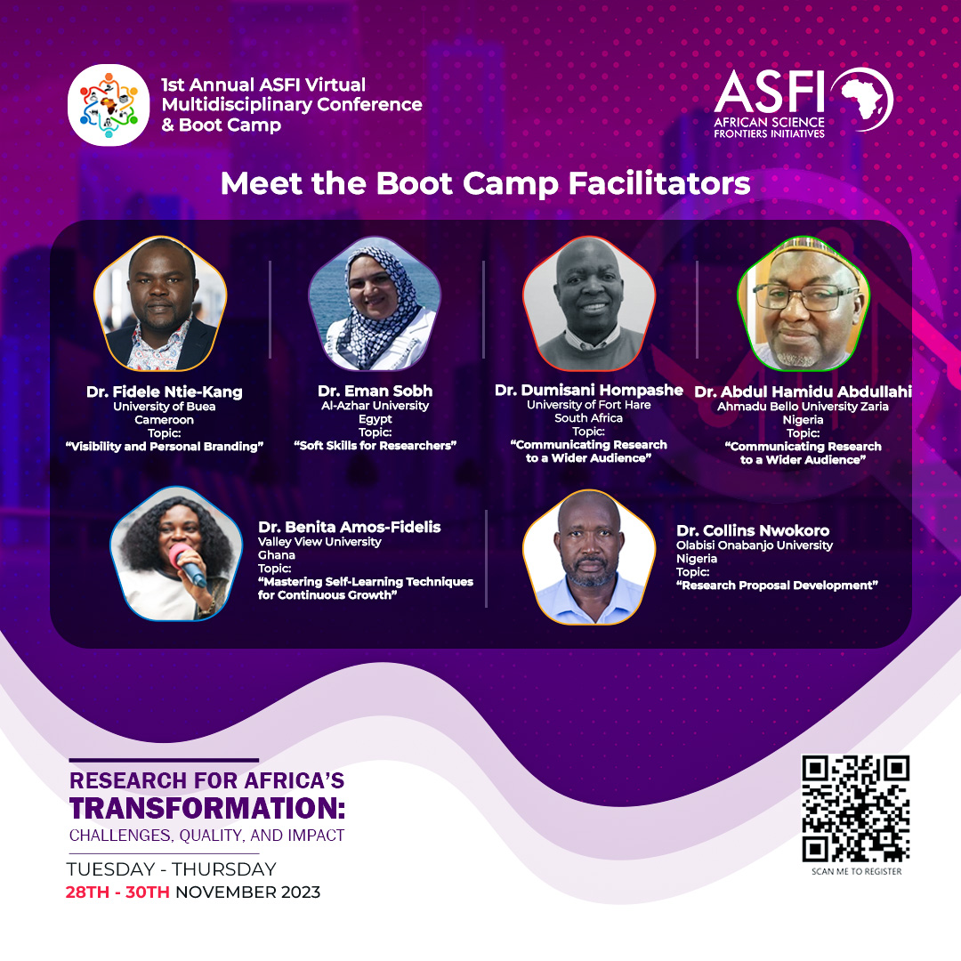 YET ANOTHER REASON NOT TO MISS OUT…

The Boot Camp facilitators are lined-up, with inspiring topics.

The ASFI Boot Camp provides an informal occasion to create opportunities for research capacity building and career development. 

Hurry and register:
africansciencefrontiers.com/event_registra…