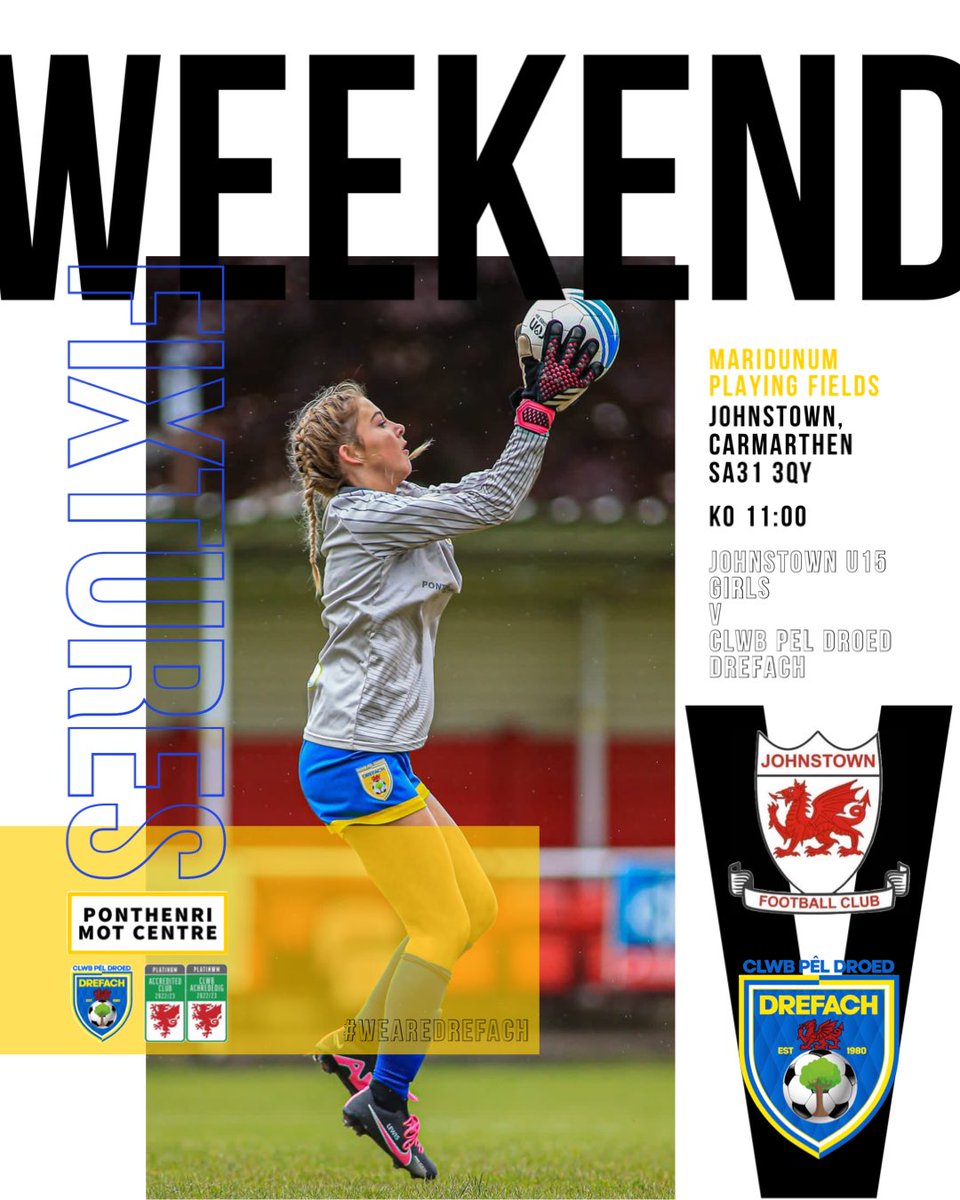 𝗪𝗘𝗘𝗞𝗘𝗡𝗗 𝗙𝗜𝗫𝗧𝗨𝗥𝗘𝗦…

Best of luck to two of our female teams this weekend, where our ladies welcome <a href="/AmmanfordAFC/">Ammanford AFC</a> to the Gwen to play their 3rd league game of the season &amp; our U15’s travel to <a href="/FCJohnstown/">Johnstown FC</a> for a second week in a row.

🔵🟡 | #WeAreDrefach