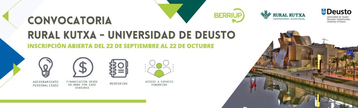 Lexcrea (@lexcrea1) on Twitter photo ¡No te quedes fuera! <a href="/BerriUp/">BerriUp</a>, <a href="/ruralkutxa/">Rural Kutxa</a> y Universidad de <a href="/deusto/">Universidad Deusto - Deustuko Unibertsitatea</a> presentan #RKUD - ¡concursa con tu #startup e innovadora idea!
🔗 ¡Inscríbete ya! lnkd.in/dKJBW75g |
¡Hasta el 22 de Octubre! ¡No te quedes fuera! <a href="/BerriUp/">BerriUp</a>, <a href="/ruralkutxa/">Rural Kutxa</a> y Universidad de <a href="/deusto/">Universidad Deusto - Deustuko Unibertsitatea</a> presentan #RKUD - ¡concursa con tu #startup e innovadora idea!
🔗 ¡Inscríbete ya! lnkd.in/dKJBW75g |
¡Hasta el 22 de Octubre!