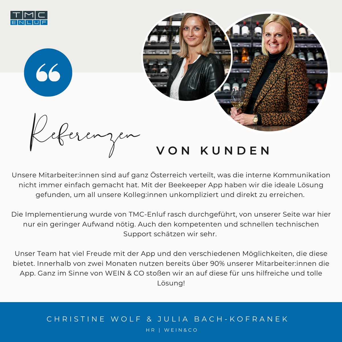 Vielen Dank an das Team von Wein&amp;CO für dieses grossartige Feedback. Es motiviert uns, weiterhin erstklassige Lösungen für unsere Kunden bereitzustellen. 🚀💼 
#TMCEnluf #Beekeeper #Digitalekommunikation #Kundenfeedback #Teamarbeit #Innovation