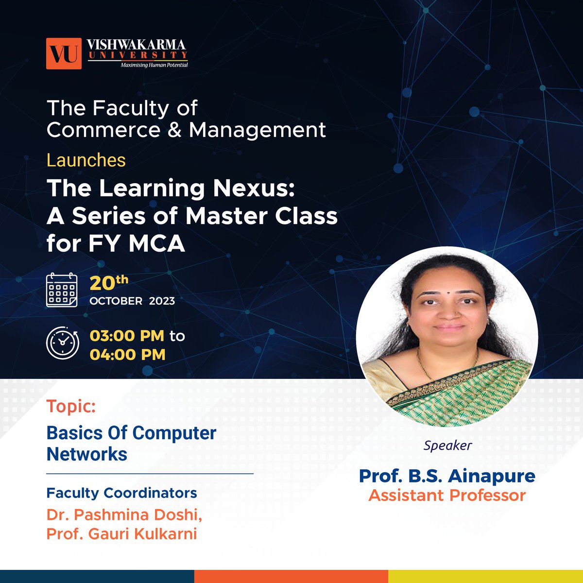 VU_Connect's tweet image. Learn the Basics of Computer Networks with Prof. B.S. Ainapure. Join the master class on 20th October 2023 to develop a better understanding of communication and data exchange between computers.

#vishwakarmauniversity #computernetworking #basiclearning #masterclass #session
