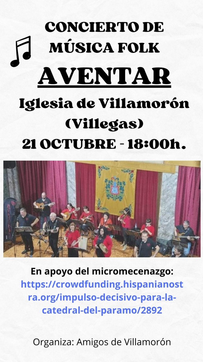 Mañana nuestros amigos de <a href="/AVillamoron/">Amigos de Villamorón</a> organizan un concierto de música folk para ayudar al micromecenazgo de la iglesia de #Villamorón. Colabora y disfruta de Aventar a las 18:00h.
#música #folk #CuatroVillas #micromecenazgo