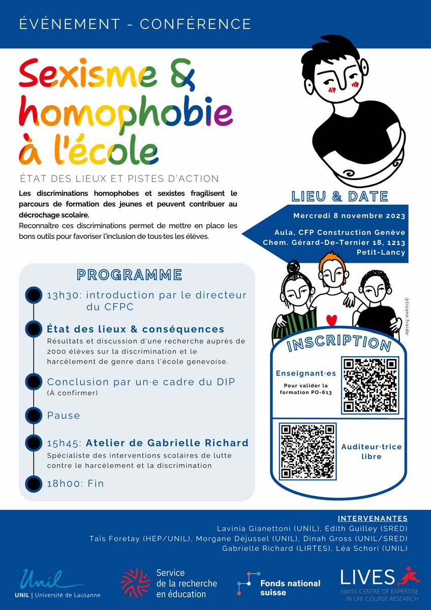 Mercredi 8 novembre conférence 'Sexisme et homophobie à l'école'
+ d'infos: centre-lives.ch/fr/agenda/sexi…
@Egalite_UNIL @fns_ch @Centre_LIVES