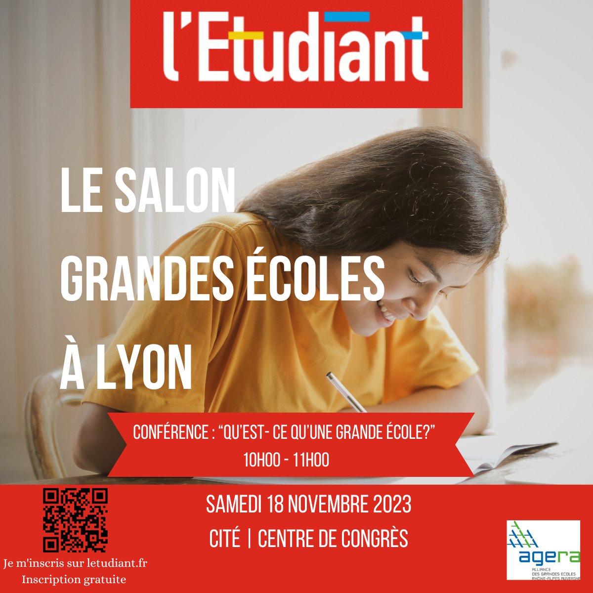 Conférence éditoriale : « Qu’est-ce qu’une Grande Ecole ? » 
👨‍💼 Nos intervenants : <a href="/BurgundySB/">BSB - Burgundy School of Business</a> , <a href="/CPELyon/">CPE Lyon</a> , <a href="/ECAMLaSalle/">ECAM LaSalle</a> , <a href="/ESSCA_Ecole/">ESSCA</a> , <a href="/Grenoble_EM/">Grenoble EM</a> , <a href="/OfficielIstp/">ISTP OFFICIEL</a> et <a href="/TelecomStE/">Télécom Saint-Étienne</a> .
 📅 Samedi 18 novembre 2023 de 10h à 11h 
 📍 Cité | Centre de Congrès | Auditorium Lumière