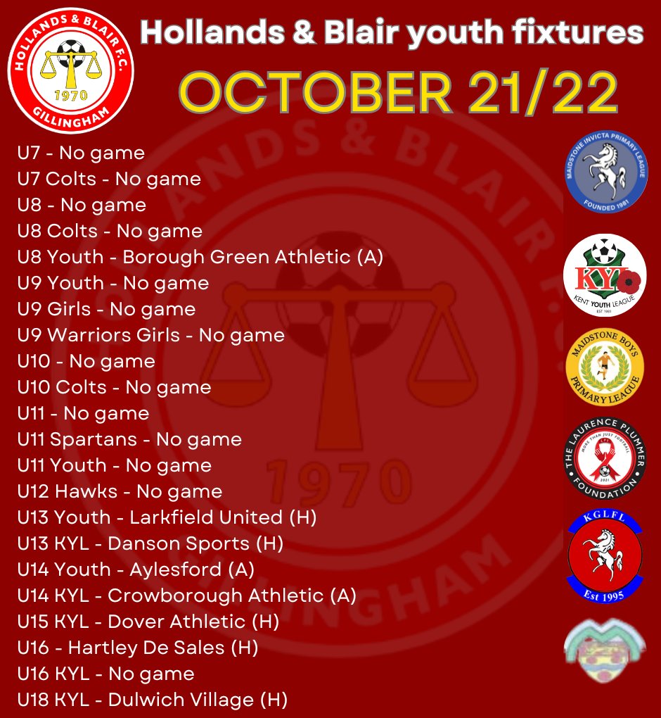 handbfcyouth's tweet photo. A very well-deserved half-term break for many of the @hollandsblairfc youth sides but still a handful of games to look forward to - good luck to all our teams @KentYouthLeague @InvictaLge @PrimaryLge @KGLFL ⚽️⚽️⚽️⚽️🔴⚪️🔵🟡 https://t.co/9O2OyoS1rz
