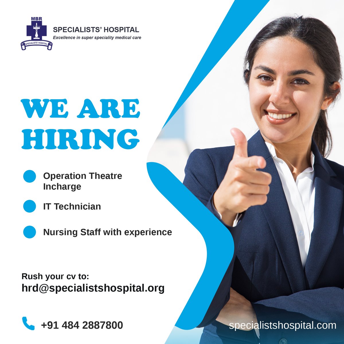 We are hiring
1. Operation Theatre Incharge
2. IT Technician
3. Nursing Staff with experience

 #ernakulam #specialists40years #specialistshospitalkochi #kochi  #recruitment #hiring #nowhiring #vacancy #nursingcareers #staffnursejobs #nursingassistance #OperationTheatreTechnology