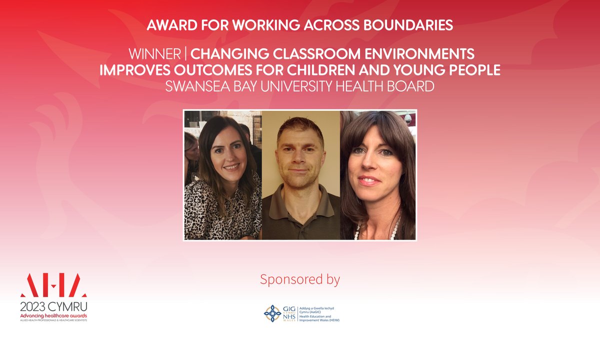 The winners of the new Award for Working Across Boundaries sponsored by @HEIW_NHS are Carly Williams, James Marshman &amp; the team at <a href="/SwanseabayNHS/">Swansea Bay NHS</a> for changing classroom environments to improve outcomes for children and young people – congratulations!
#AHACymru