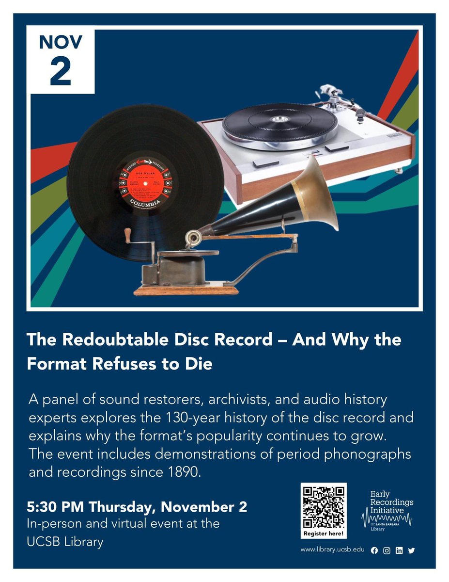 Looking forward to moderating this panel on the history and future of disc records with Nick Bergh, Patrick Feaster, Rich Martin (@archeophone) & John Levin @UCSBLibrary. Join us in person or online Nov. 2: library.ucsb.edu/events-exhibit…