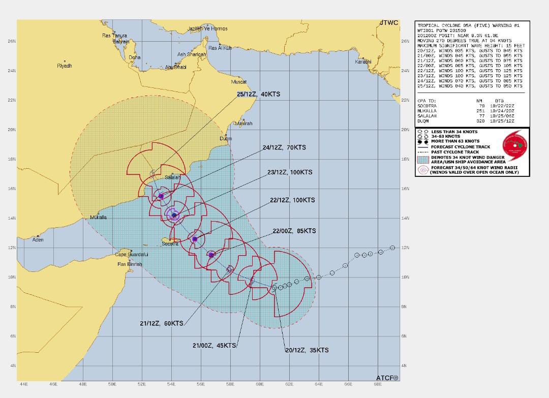 CycloneAnalyser's tweet photo. #BREAKING
#ARB03 intensified further into Tropical Cyclone #05A this evening. It is expected to rapidly intensify into a Major #Cyclone just like #Mekunu in 2018 while heading towards the #Oman-#Yemen border.Though before landfall due to its expected to weaken into a C1-TS again. https://t.co/reDt1vnIBD