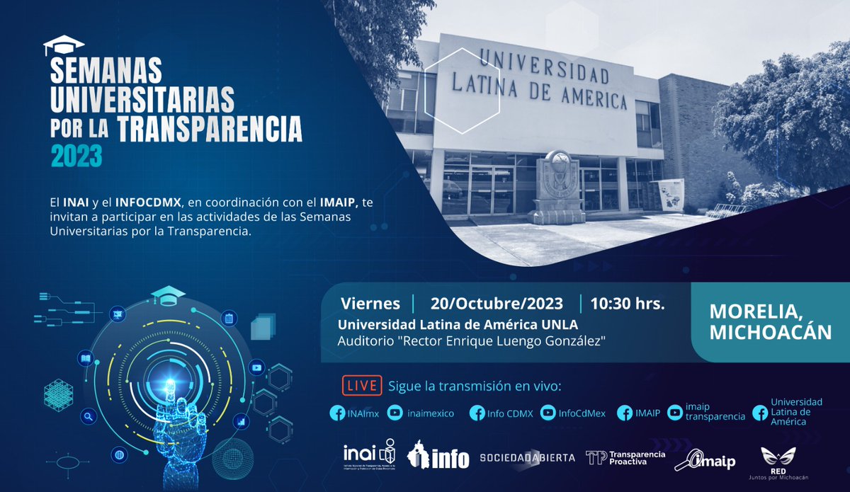 AdrianAlcala75's tweet photo. 🎓¡Es hoy!
No te pierdas la jornada de #SemanasUniversitariasPorLaTransparencia2023 en @ComunidadUNLA, con la coordinación del @IMAIP_oficial.👇
⏰️10:30 horas
📹#EnVivo por las redes sociales del @INAImexico, @InfoCdMex e #IMAIP https://t.co/YTi3feGmWT